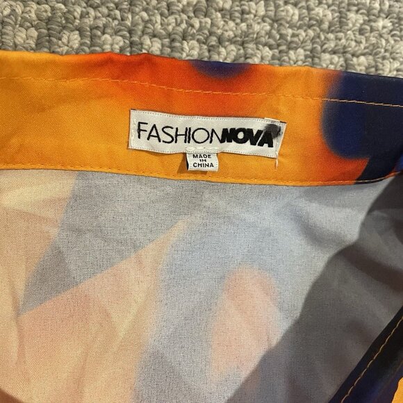 Fashion Nova Shirt Women's Size 3X Plus Button Down Orange Blue Fiery Oversized - Picture 2 of 7